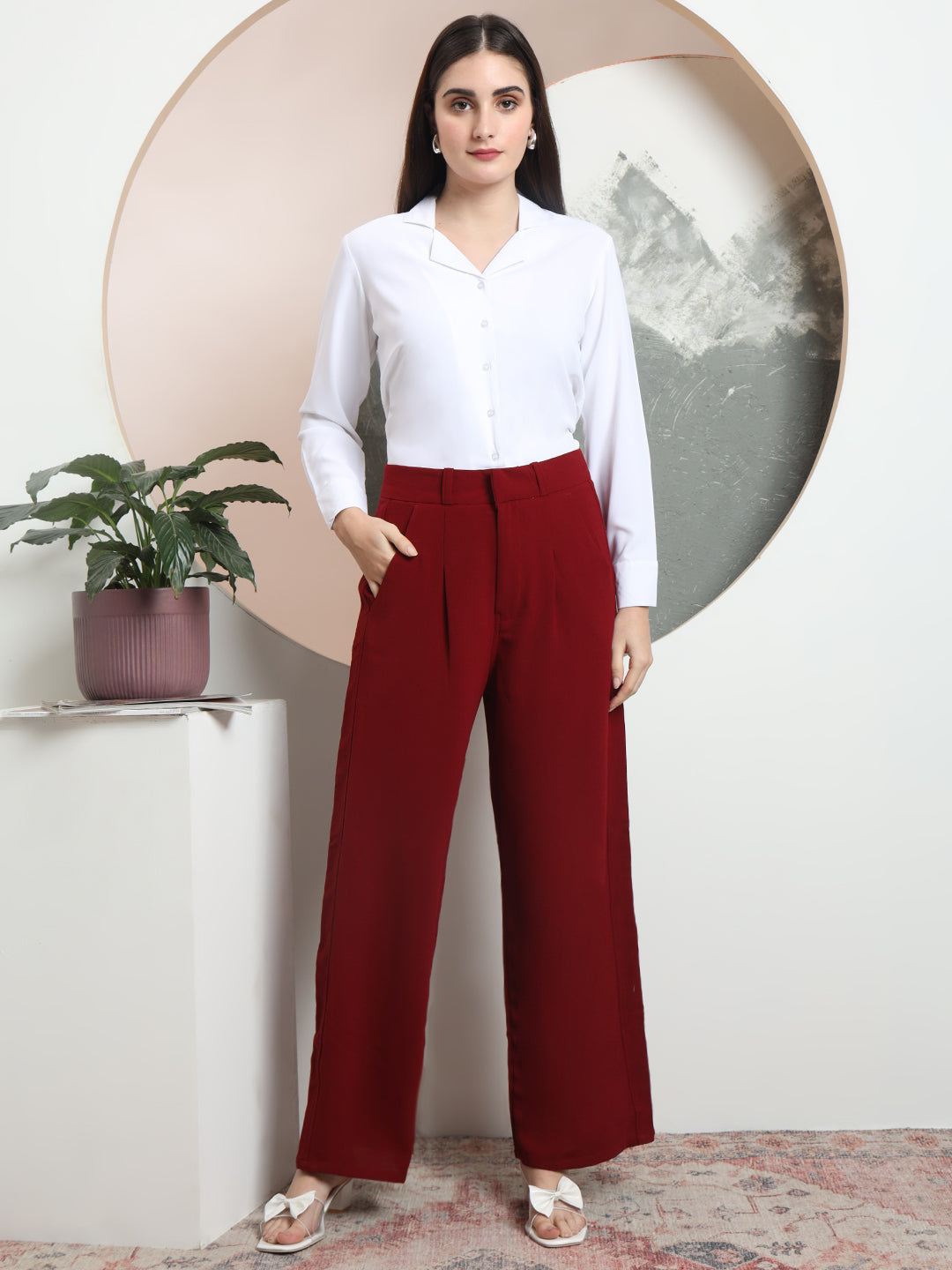 women relaxed flared high rise pleated formal trousers 2