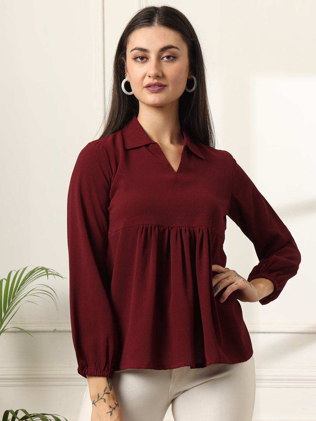 casual regular sleeves solid women maroon top 1