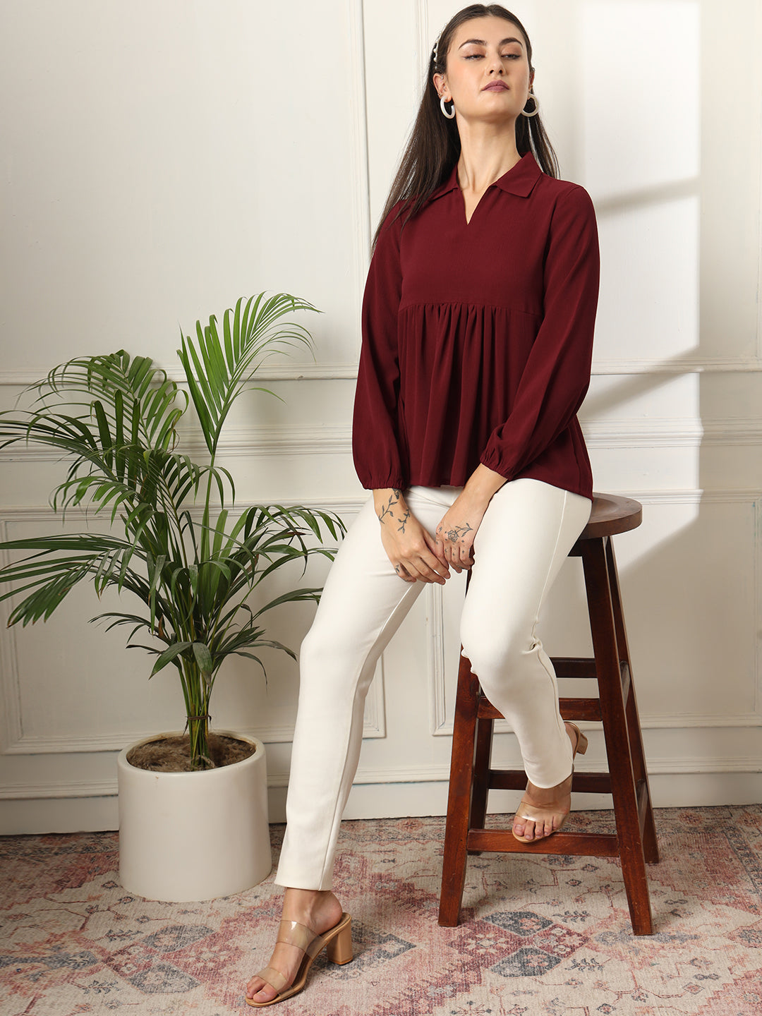 casual regular sleeves solid women maroon top 1
