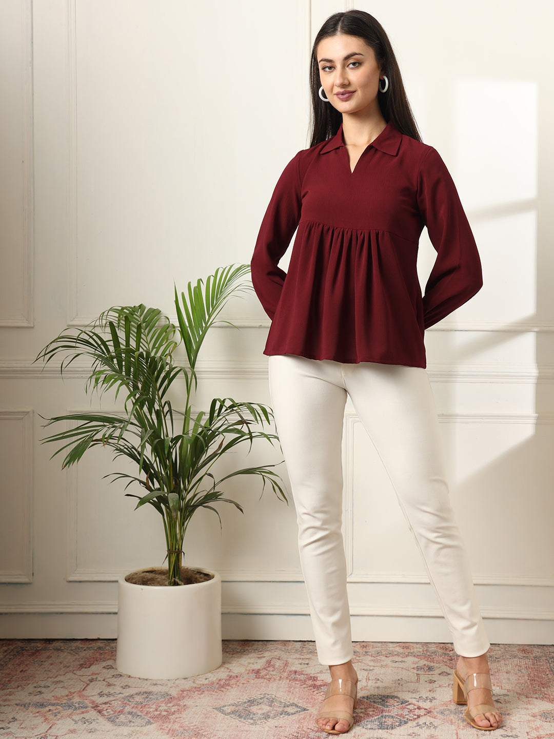 casual regular sleeves solid women maroon top 1