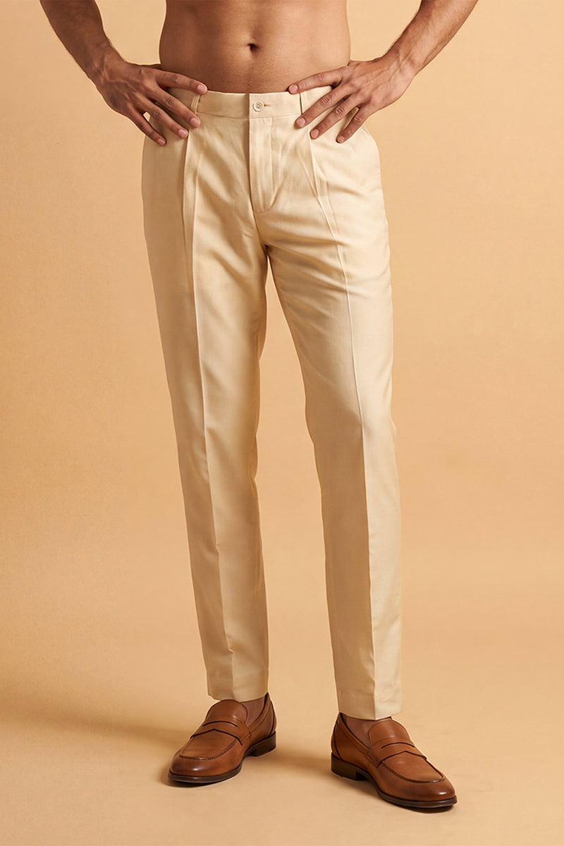 Men Cream Modal Relaxed Straight Fit Pleated Trousers MBOT1009