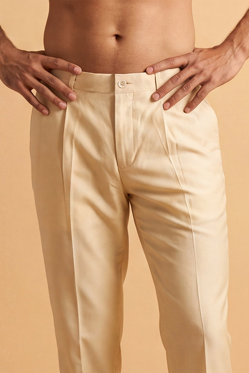 Men Cream Modal Relaxed Straight Fit Pleated Trousers MBOT1009