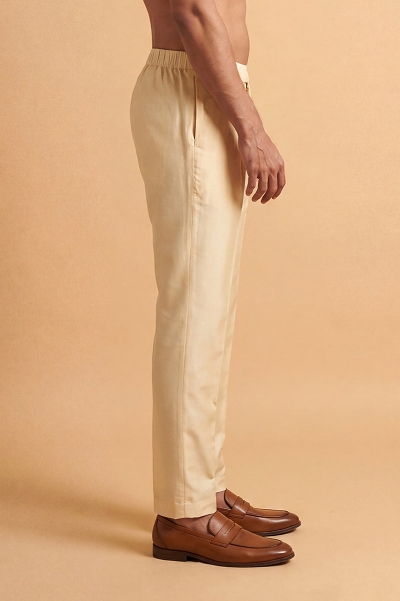 Men Cream Modal Relaxed Straight Fit Pleated Trousers MBOT1009