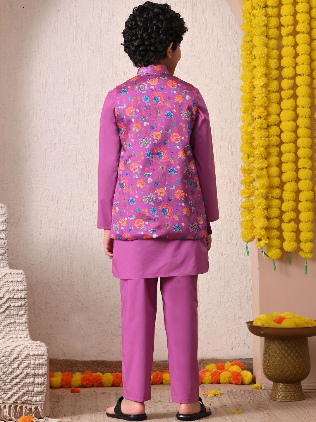 Indi Loom Couture Boys Purple Kurta with Floral Printed Jacket & Pyjama Set ILBKSJ20