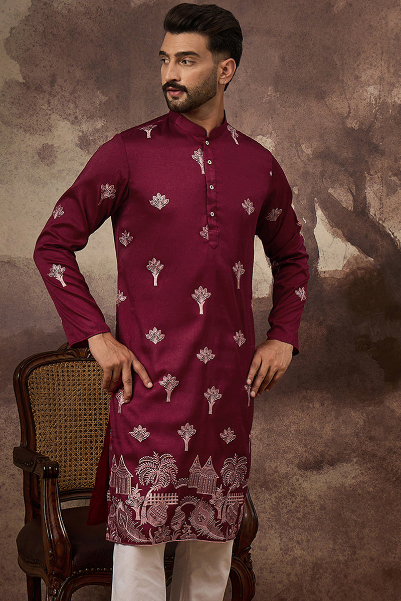 maroon silk blend solid embroidered straight kurta