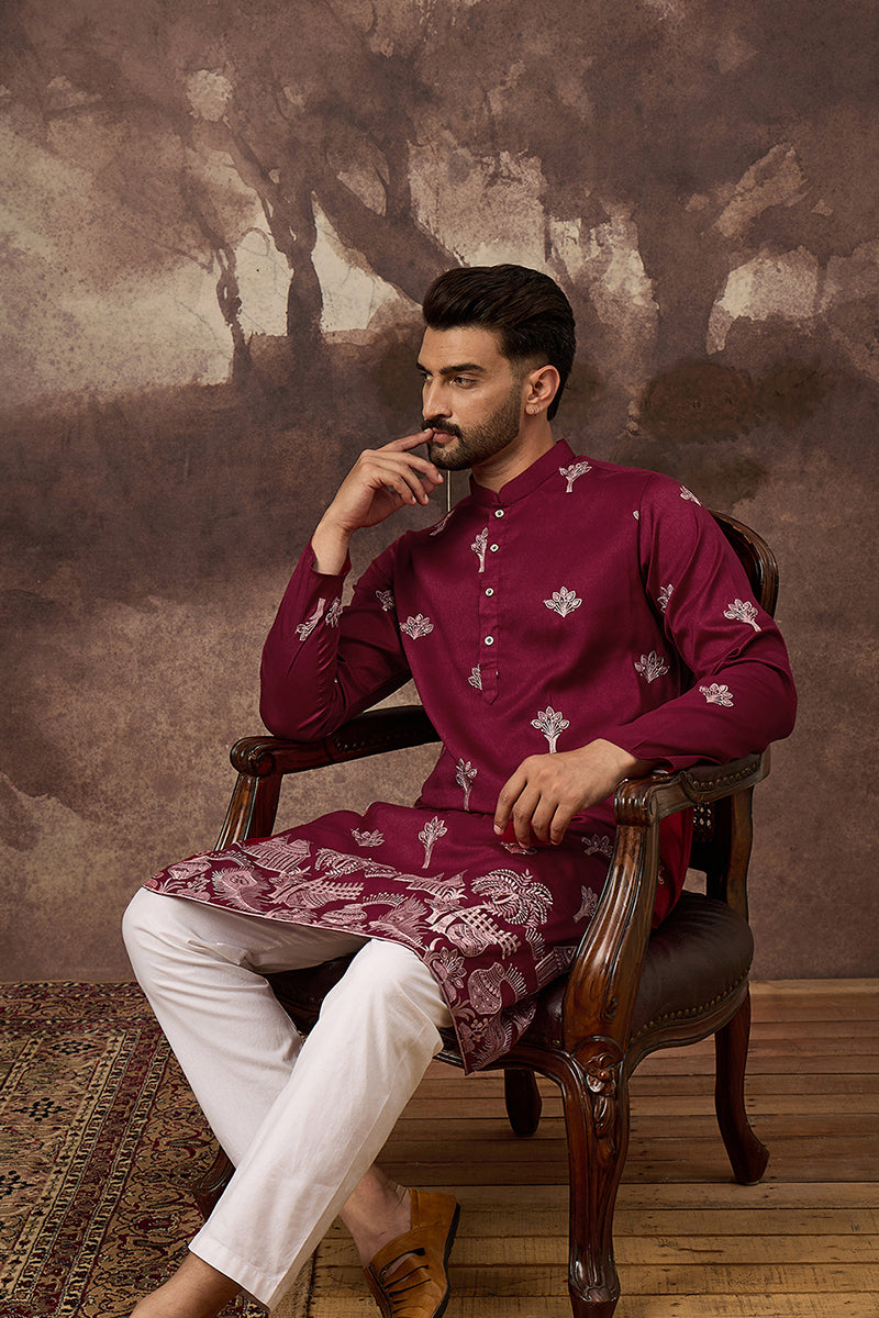 maroon silk blend solid embroidered straight kurta