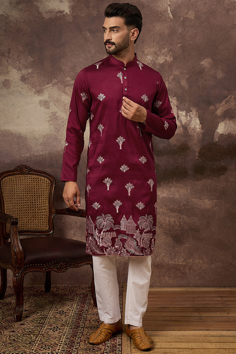 maroon silk blend solid embroidered straight kurta