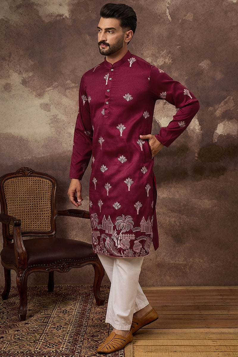 maroon silk blend solid embroidered straight kurta