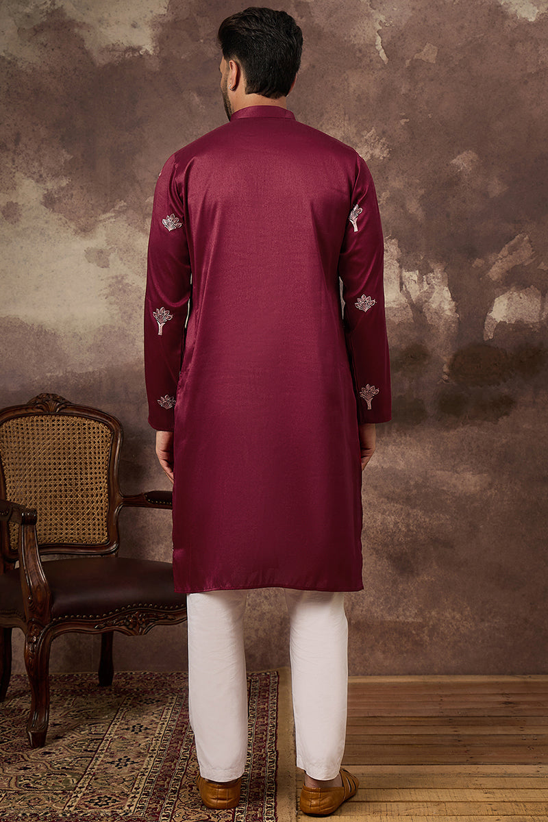 maroon silk blend solid embroidered straight kurta
