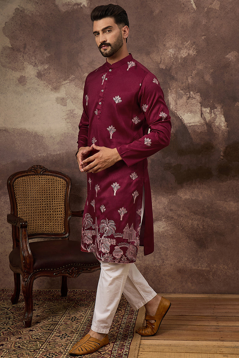 maroon silk blend solid embroidered straight kurta