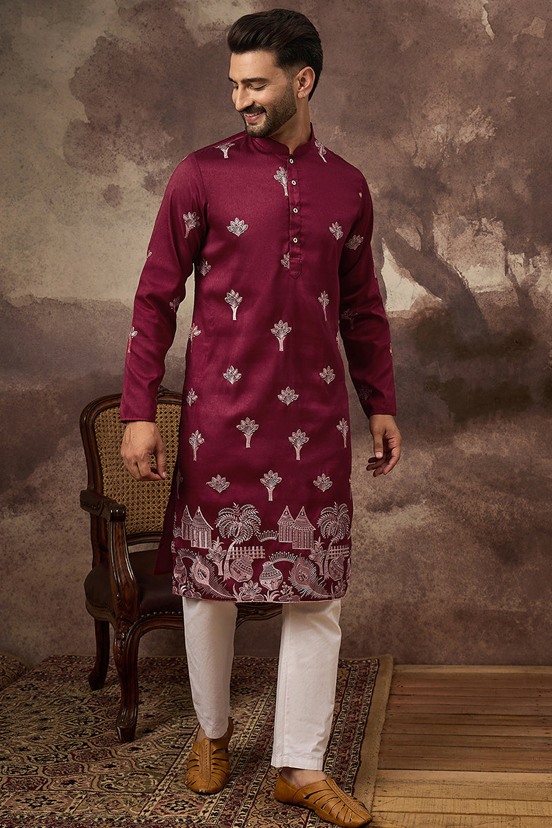 maroon silk blend solid embroidered straight kurta