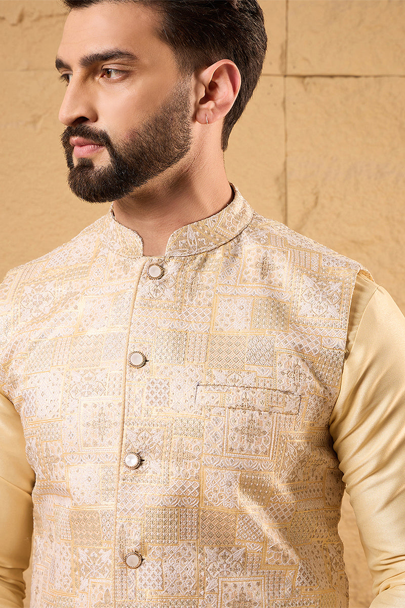 Mens Cream Silk Blend Woven Design Mandarin Collar Koti MKOT1011