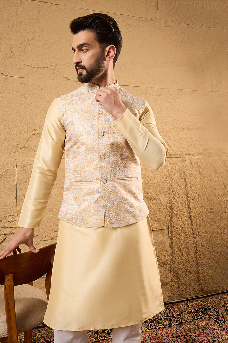 Mens Cream Silk Blend Woven Design Mandarin Collar Koti MKOT1011