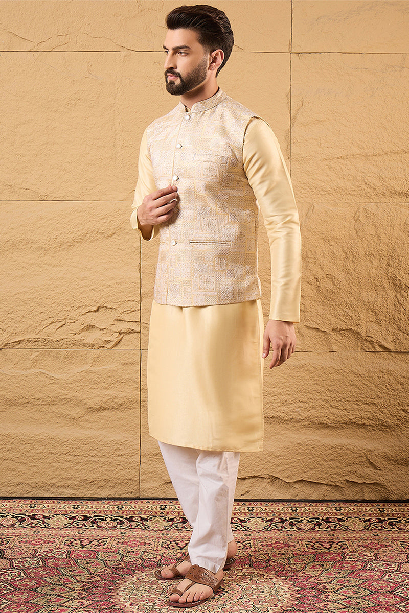 Mens Cream Silk Blend Woven Design Mandarin Collar Koti MKOT1011