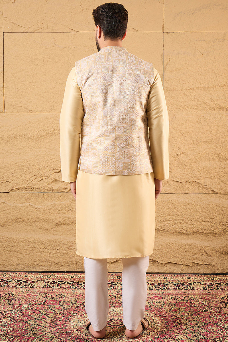 Mens Cream Silk Blend Woven Design Mandarin Collar Koti MKOT1011