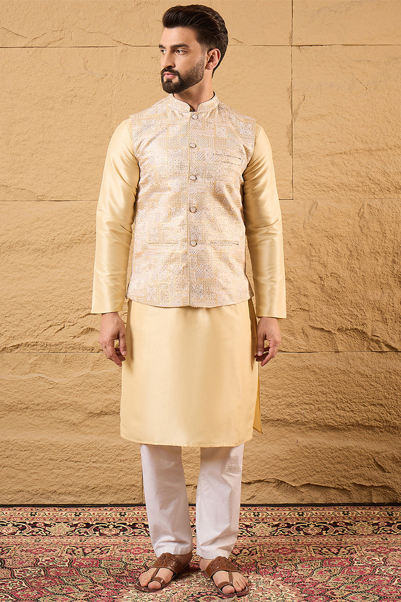 Mens Cream Silk Blend Woven Design Mandarin Collar Koti