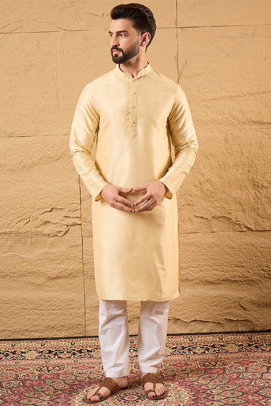 Mens Cream Silk Blend Woven Design Mandarin Collar Koti