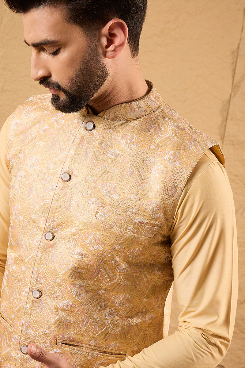 Mens Yellow Silk Blend Woven Design Mandarin Collar Koti MKOT1012