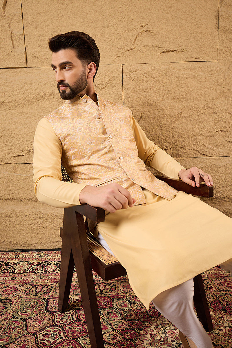 Mens Yellow Silk Blend Woven Design Mandarin Collar Koti MKOT1012