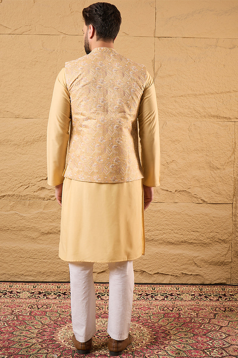 Mens Yellow Silk Blend Woven Design Mandarin Collar Koti MKOT1012