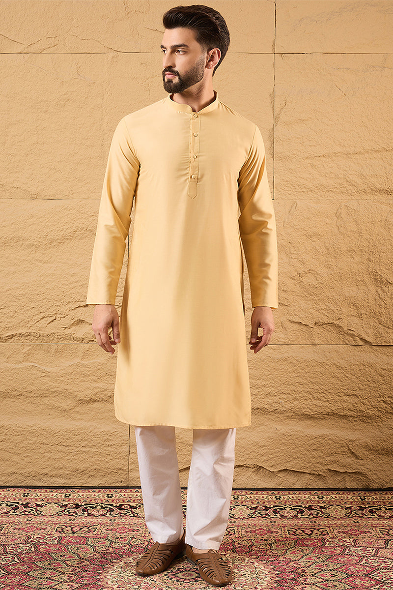 Mens Yellow Silk Blend Woven Design Mandarin Collar Koti