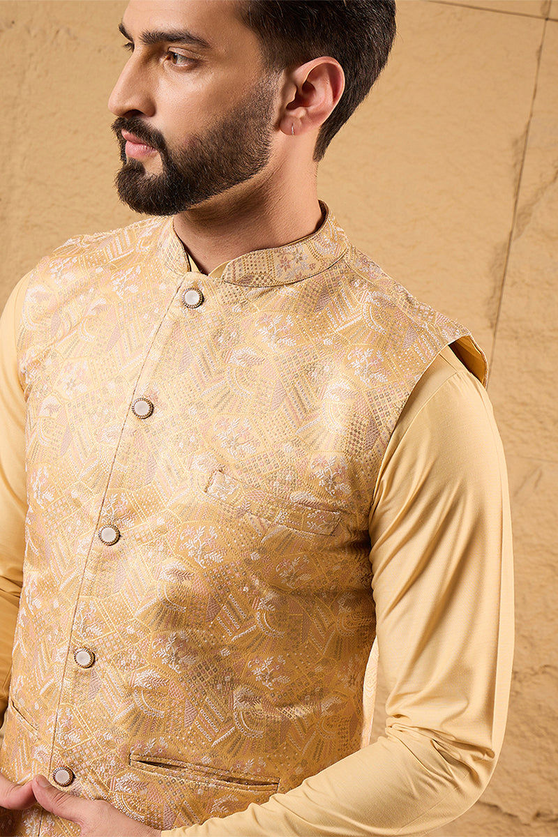 Mens Yellow Silk Blend Woven Design Mandarin Collar Koti