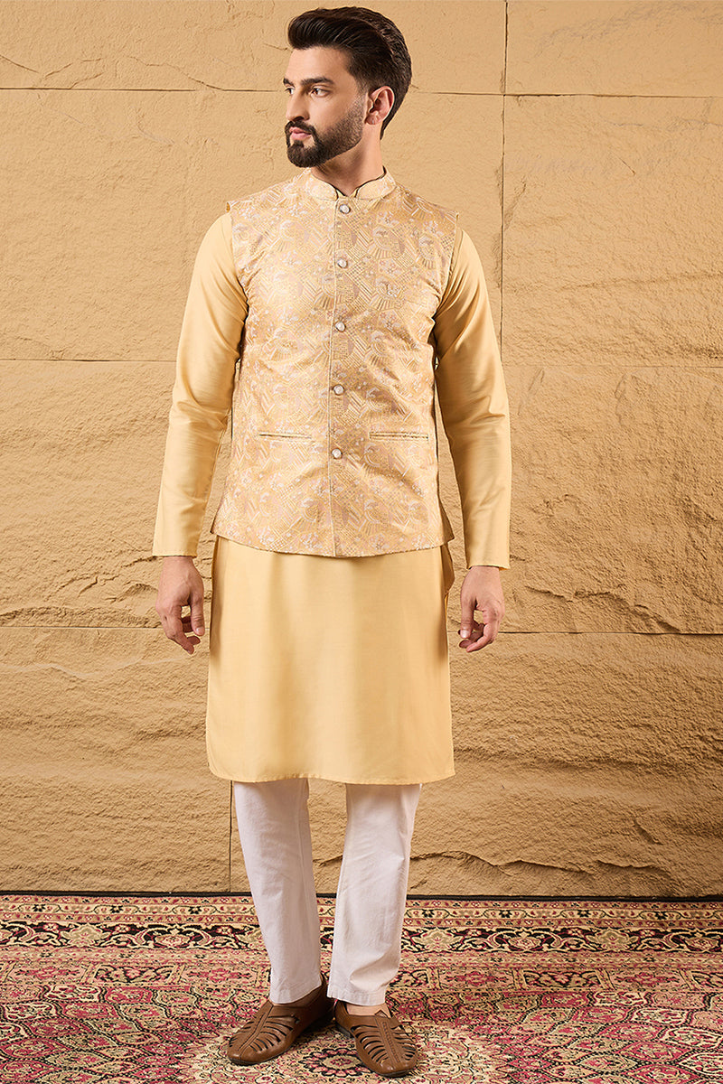 Mens Yellow Silk Blend Woven Design Mandarin Collar Koti