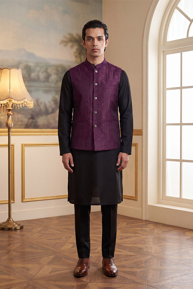 Mens Purple Jacquard Woven Design Solid Koti
