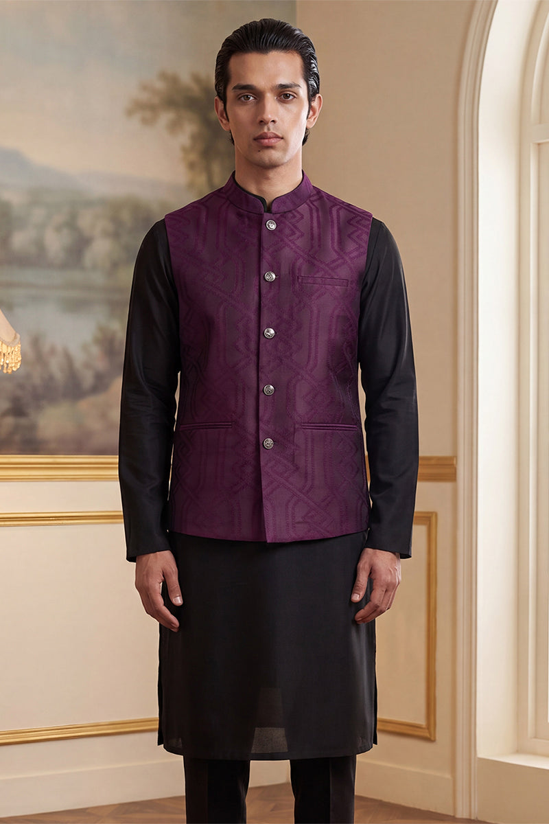 Mens Purple Jacquard Woven Design Solid Koti