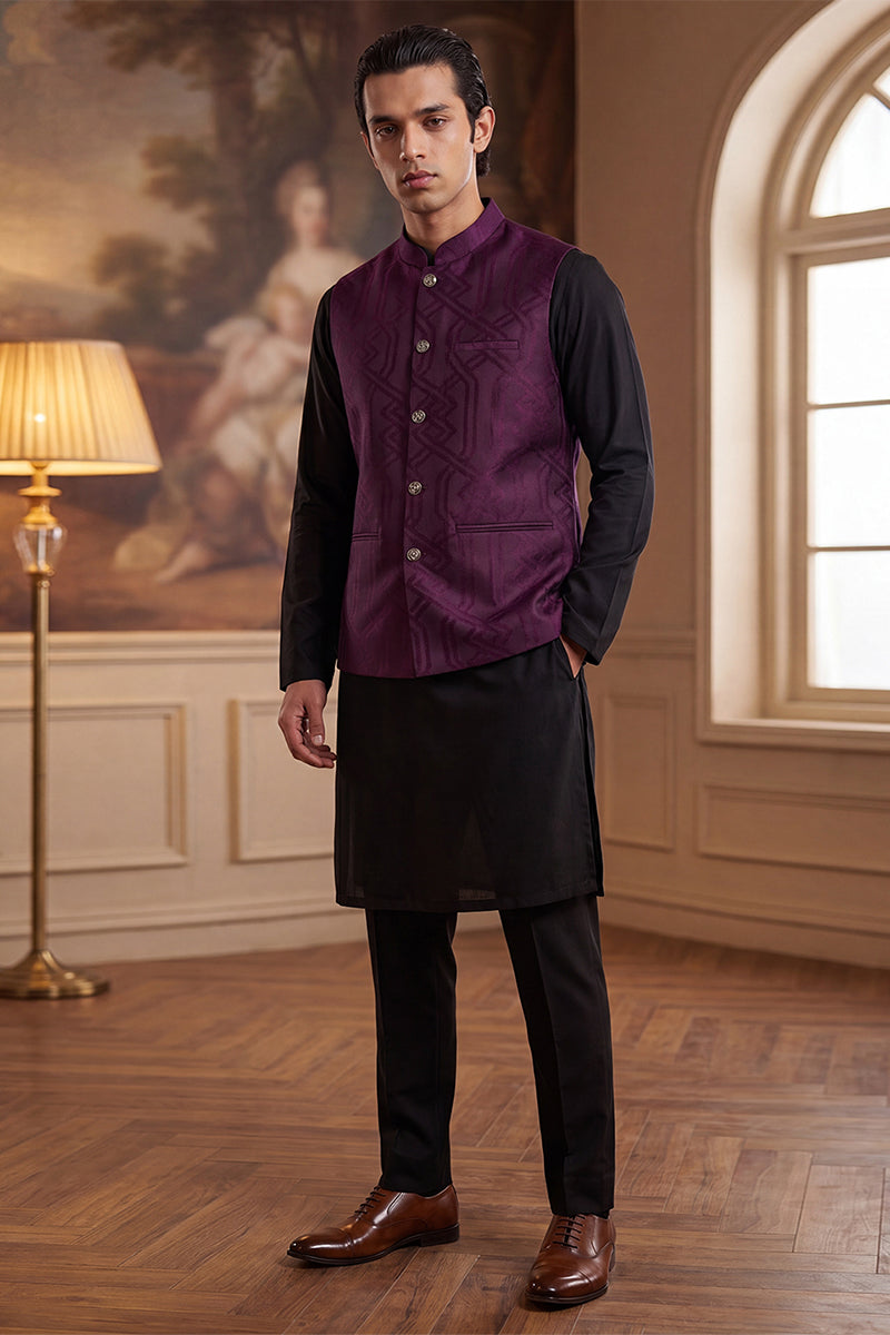 Mens Purple Jacquard Woven Design Solid Koti