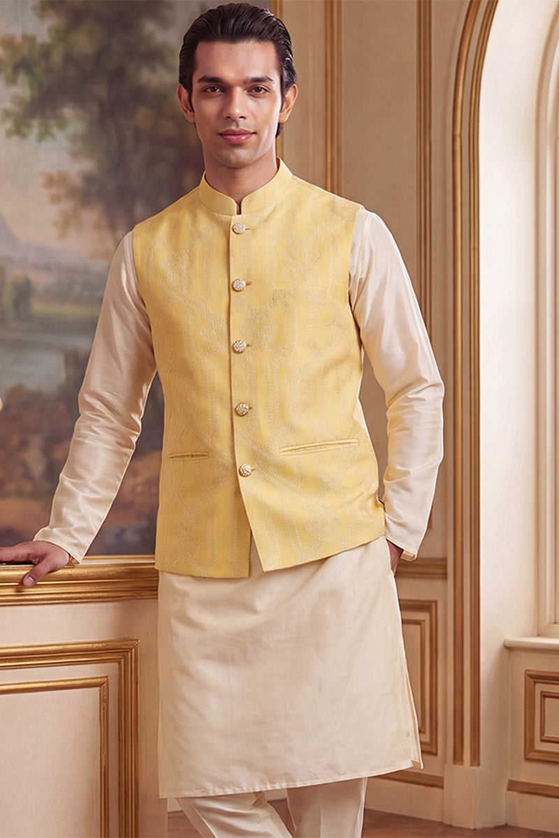 Mens Yellow Jacquard Woven Design Solid Koti MKOT1040