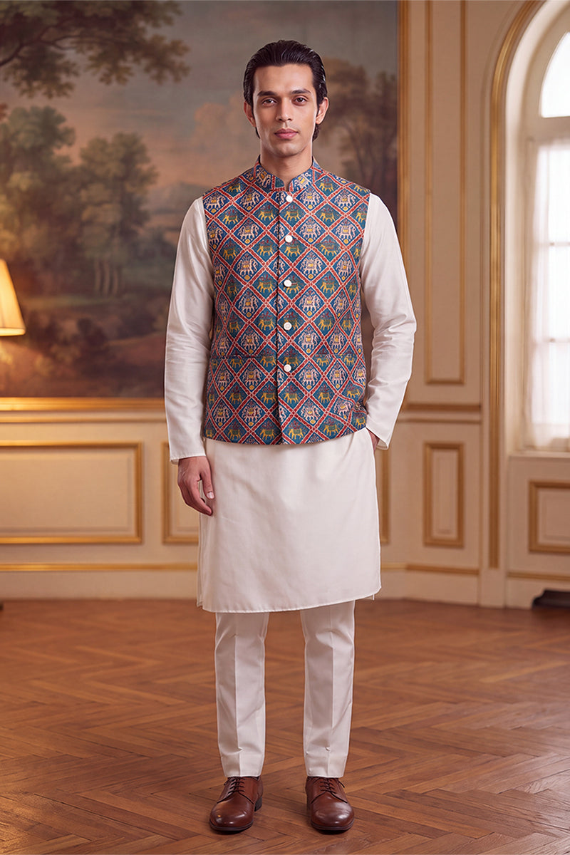 Mens Blue Silk Blend Patola Print Mandarine Collar Koti MKOT1049