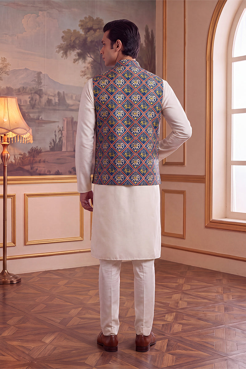 Mens Blue Silk Blend Patola Print Mandarine Collar Koti