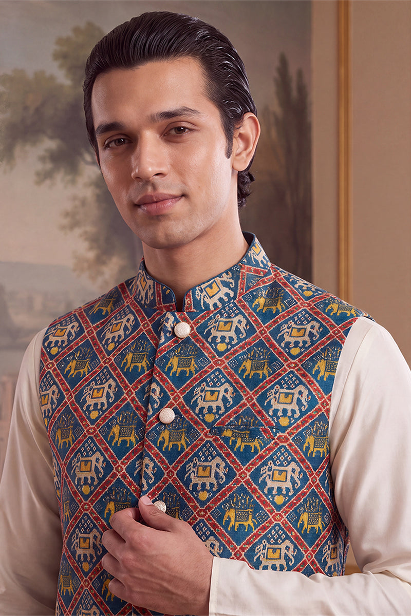 Mens Blue Silk Blend Patola Print Mandarine Collar Koti