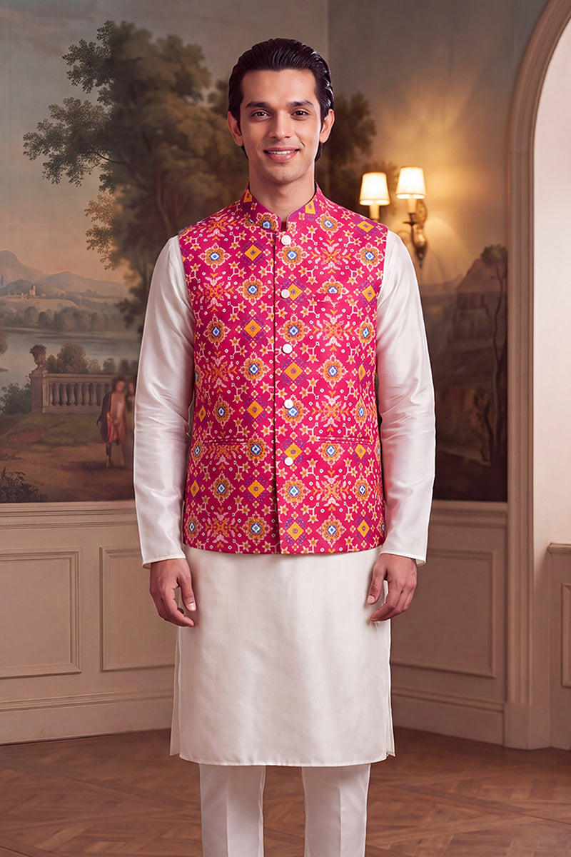 Mens Pink Silk Blend Patola Print Mandarine Collar Koti MKOT1051