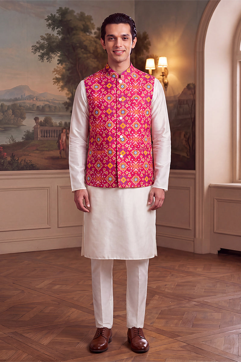 Mens Pink Silk Blend Patola Print Mandarine Collar Koti MKOT1051