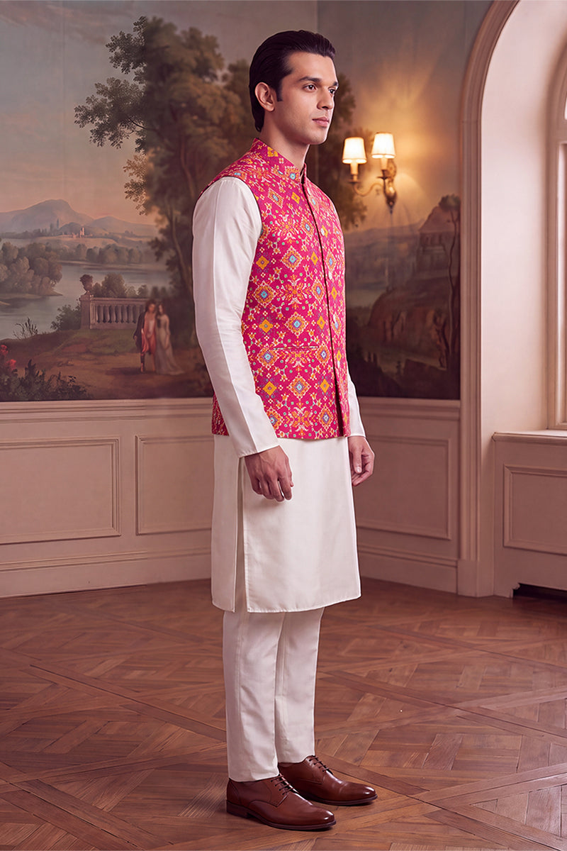 Mens Pink Silk Blend Patola Print Mandarine Collar Koti MKOT1051