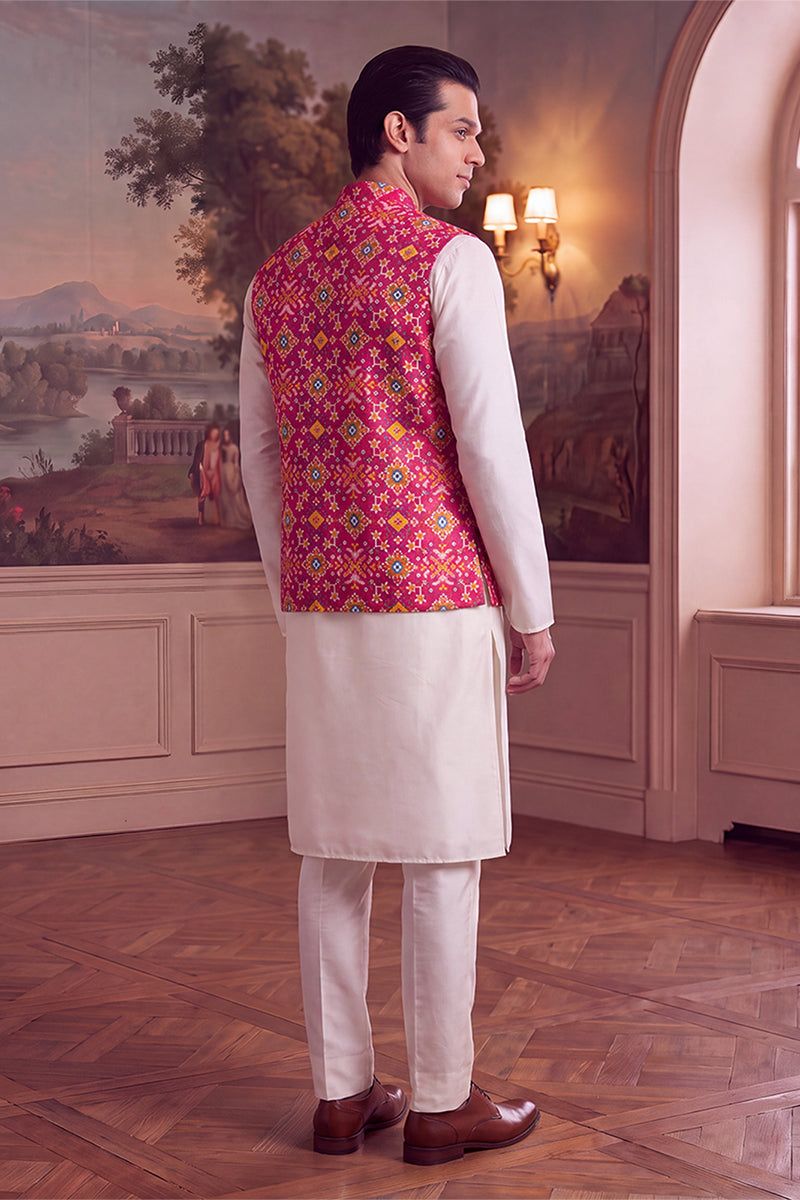 Mens Pink Silk Blend Patola Print Mandarine Collar Koti MKOT1051