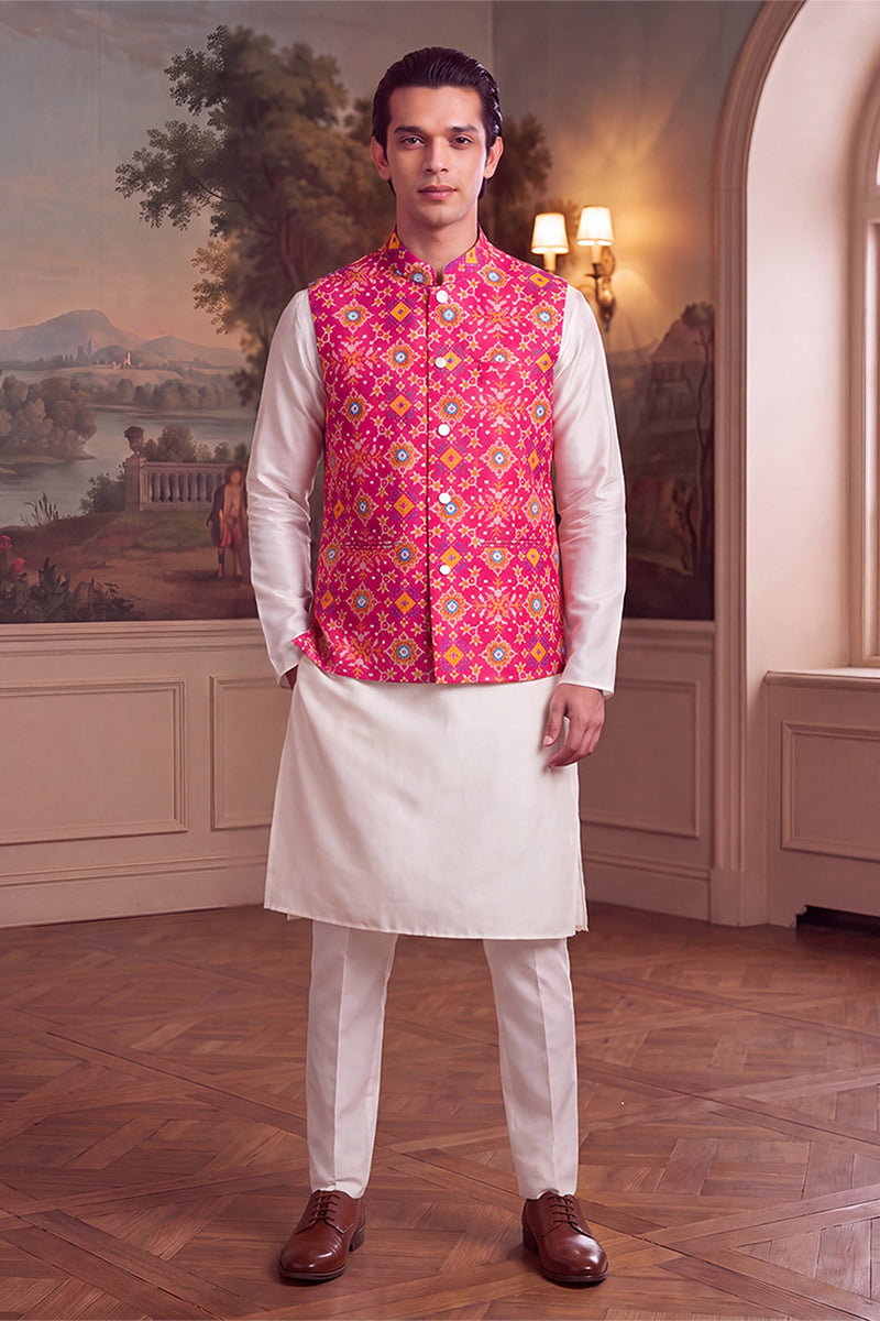 Mens Pink Silk Blend Patola Print Mandarine Collar Koti
