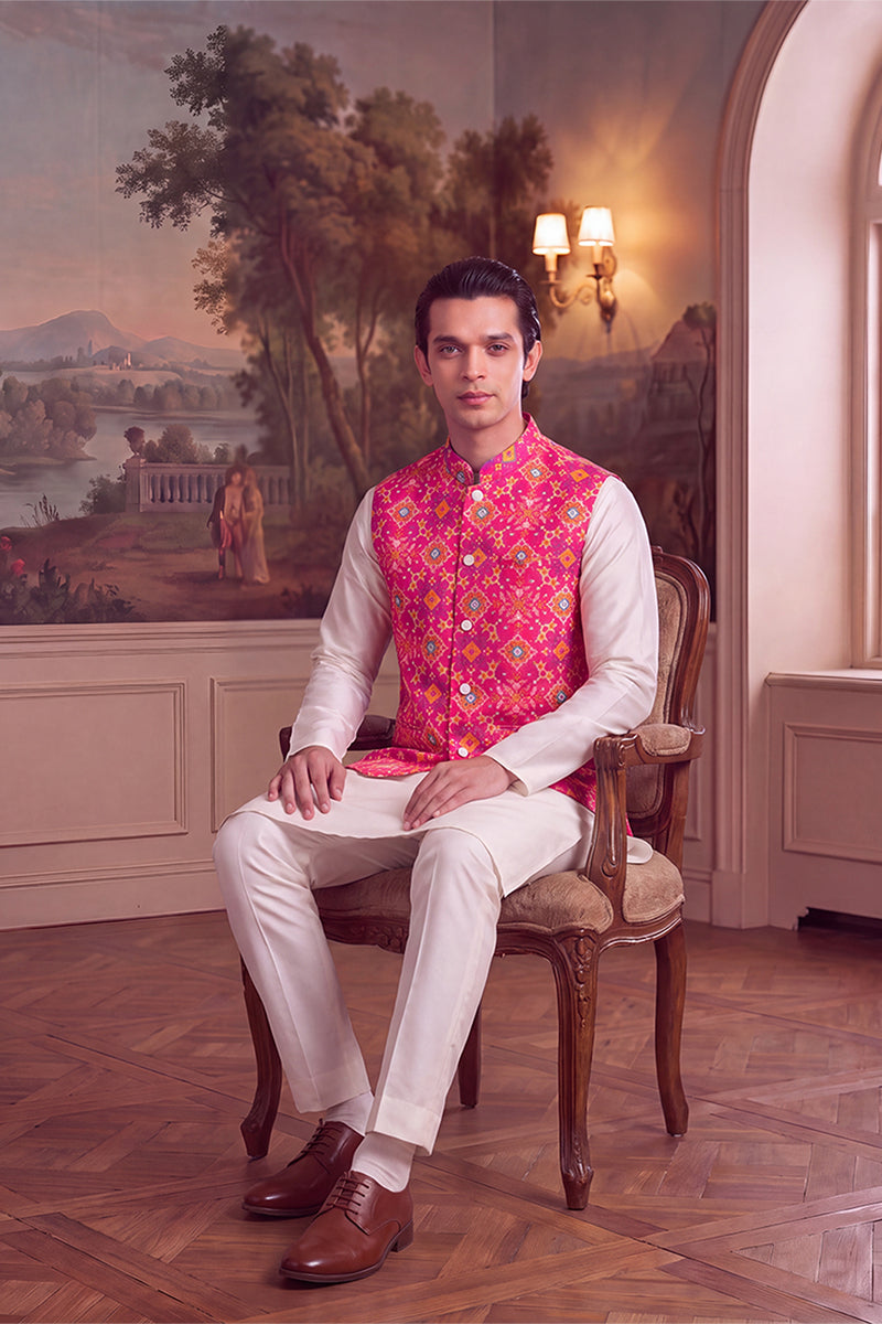Mens Pink Silk Blend Patola Print Mandarine Collar Koti
