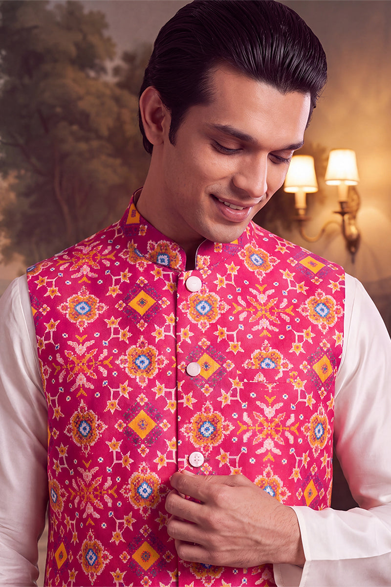 Mens Pink Silk Blend Patola Print Mandarine Collar Koti