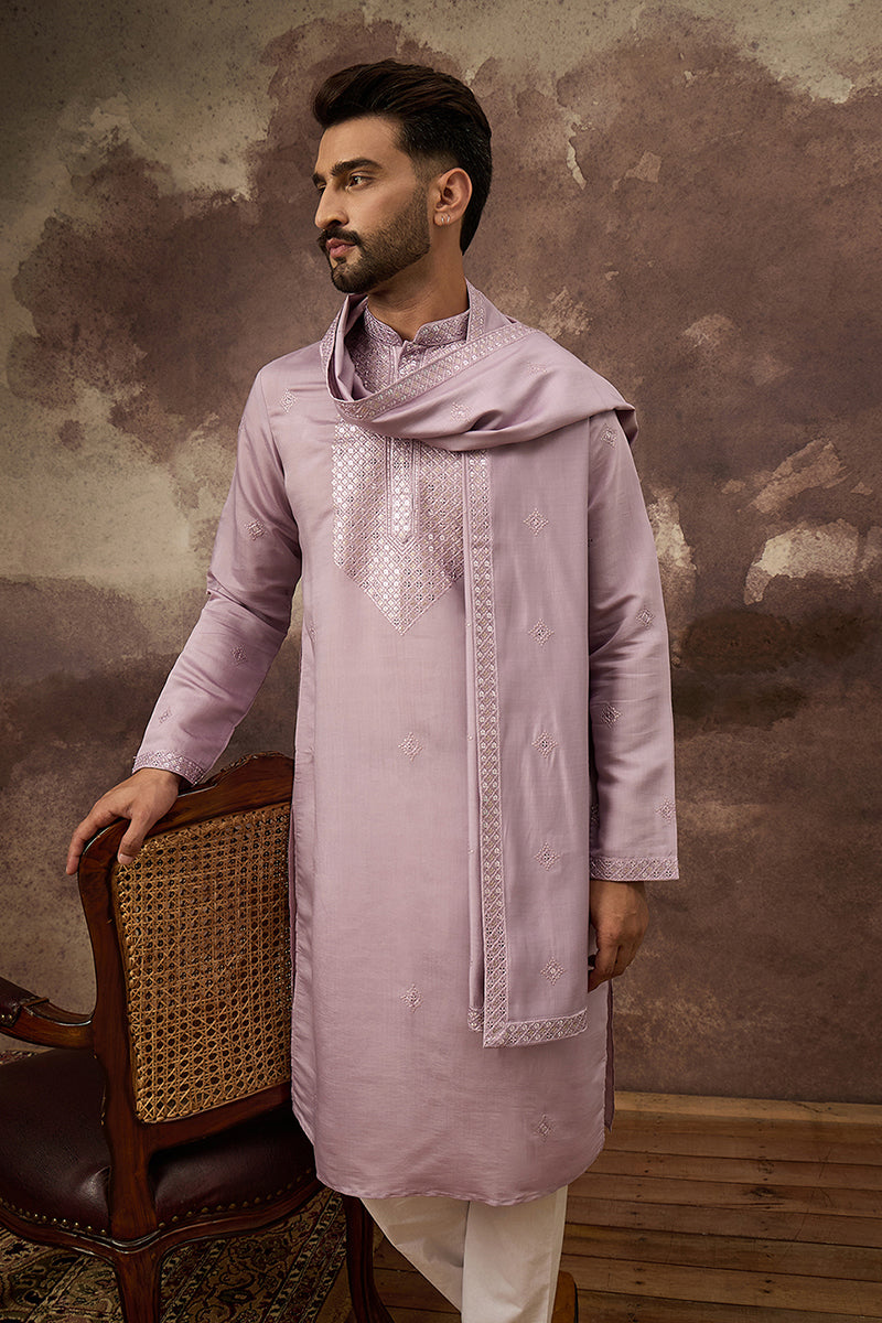 Lavender Silk Blend Embroidered Straight Kurta Trouser with Dupatta MKPD1002