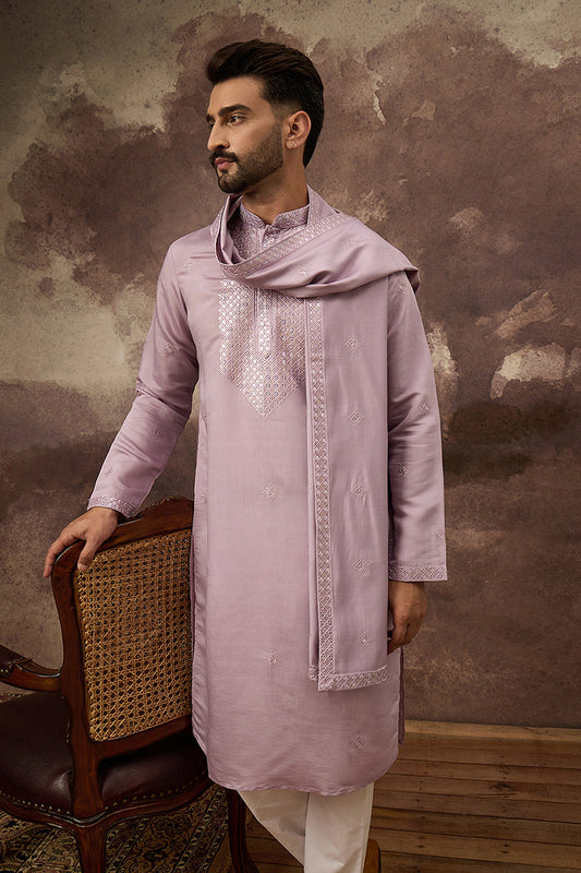 Lavender Silk Blend Embroidered Straight Kurta Trouser with Dupatta MKPD1002