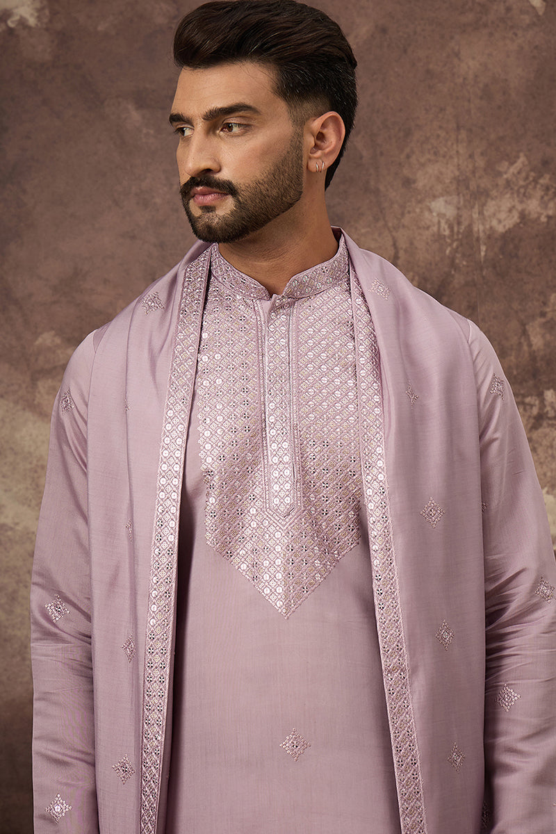 Lavender Silk Blend Embroidered Straight Kurta Trouser with Dupatta MKPD1002