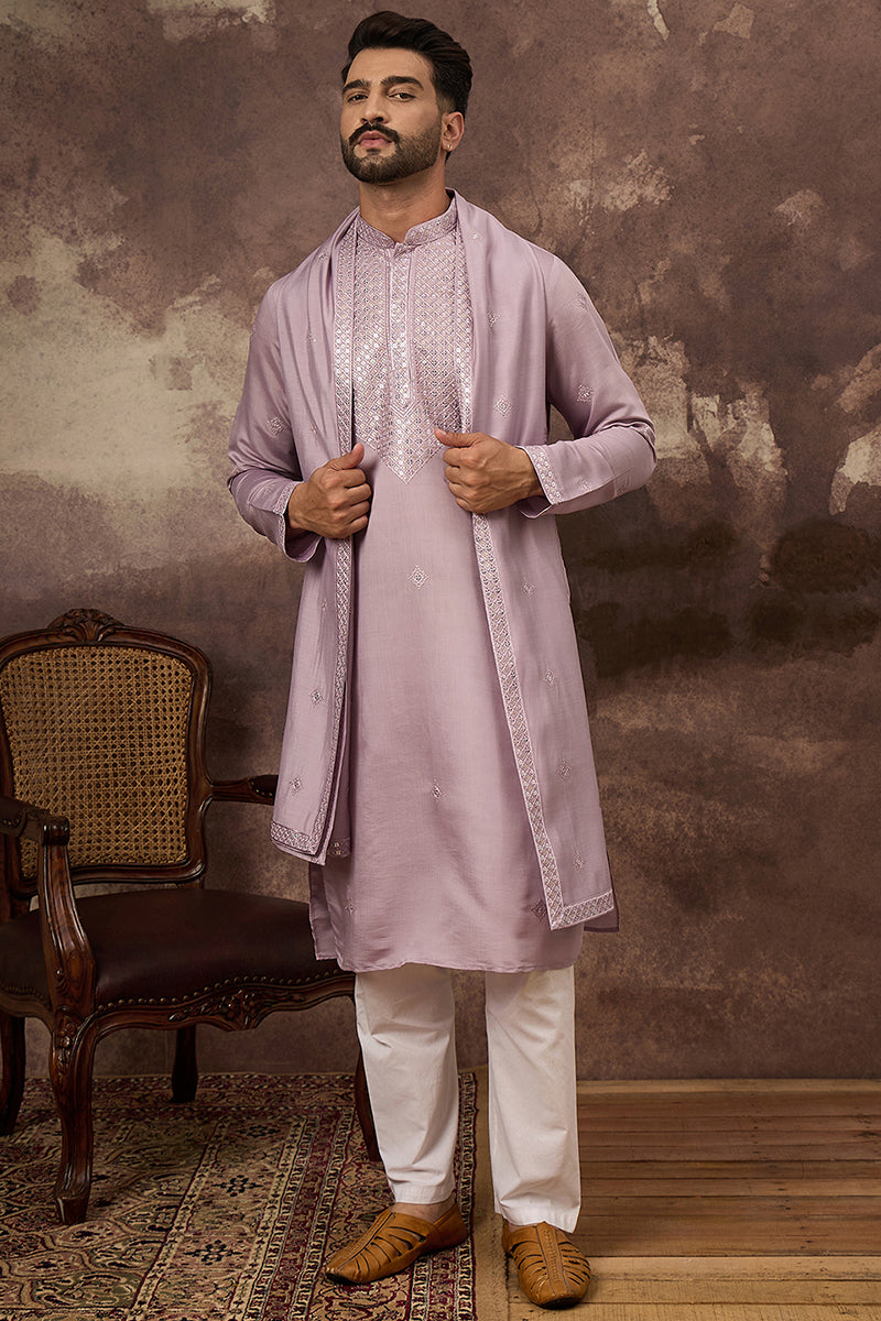 Lavender Silk Blend Embroidered Straight Kurta Trouser with Dupatta MKPD1002