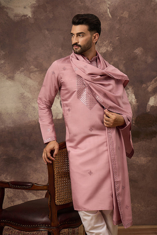 Pink Silk Blend Embroidered Straight Kurta Trouser with Dupatta MKPD1003