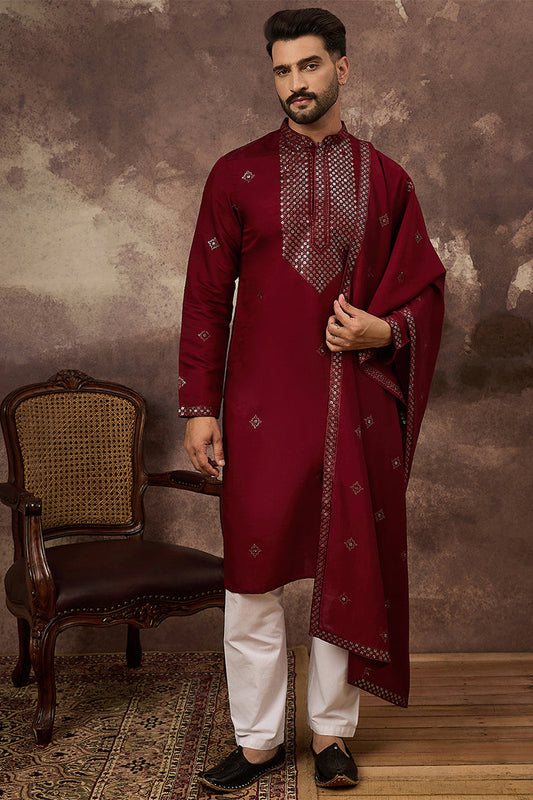 Maroon Silk Blend Solid Embroidered Straight Kurta with Dupatta MKUD1005