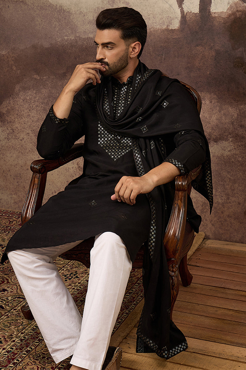 Black Silk Blend Embroidered Straight Kurta Trouser with Dupatta MKPD1006