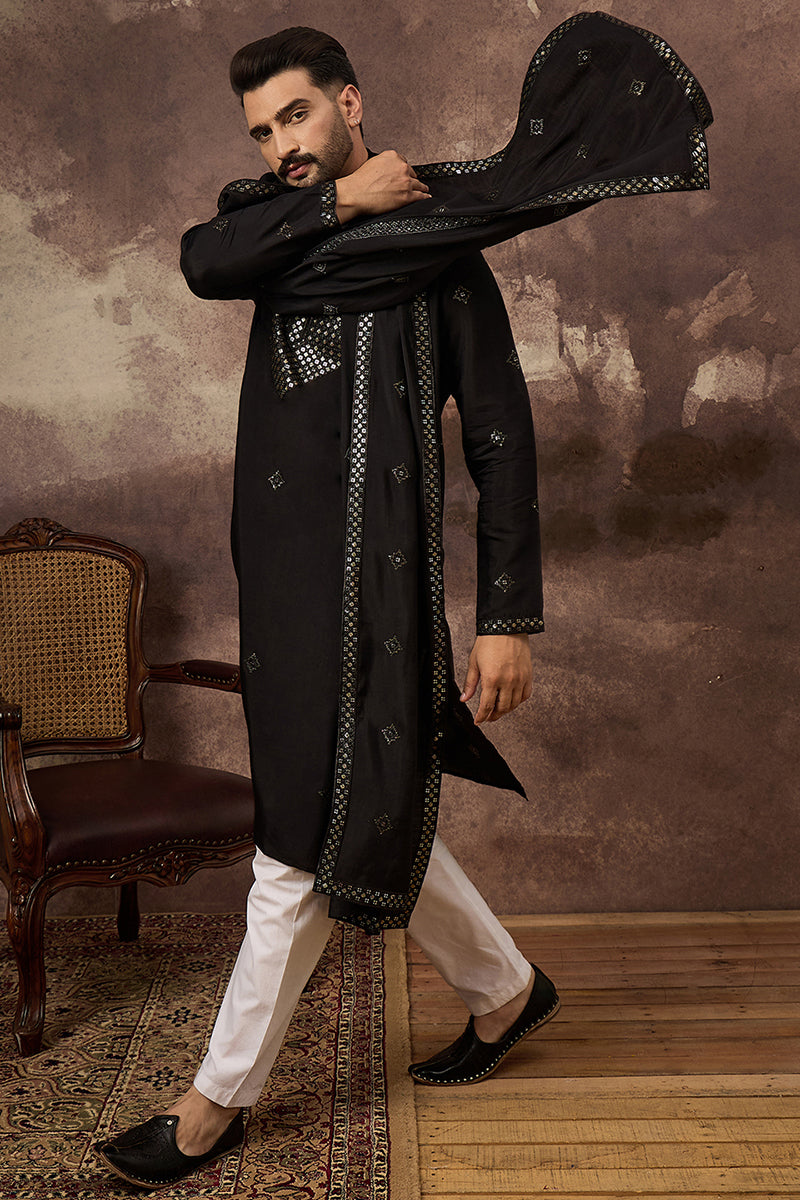 Black Silk Blend Embroidered Straight Kurta Trouser with Dupatta MKPD1006