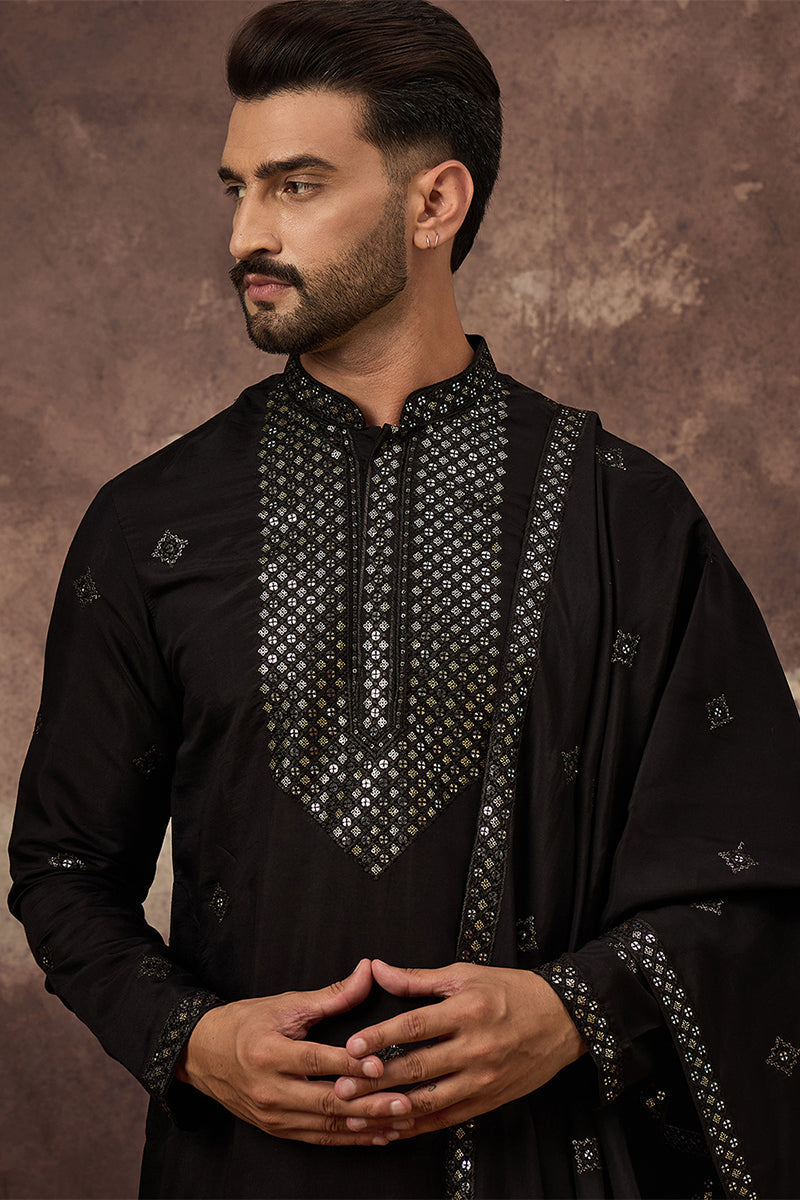 Black Silk Blend Solid Embroidered Straight Kurta with Dupatta MKUD1006